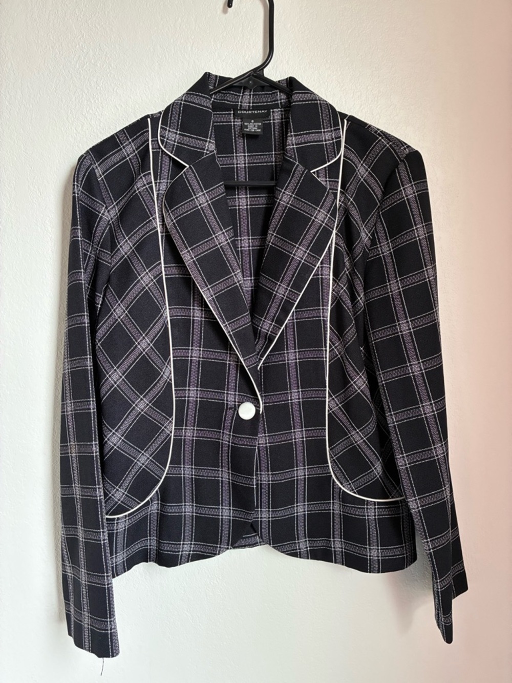 Courtenay Black and White Plaid Blazer with White Piping
